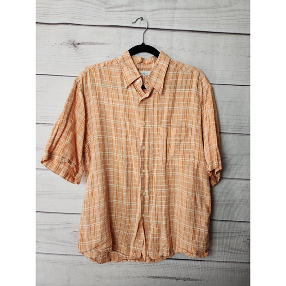 Turnbury Mens Button-Up‎ Shirt Orange Plaid Short Sleeve Linen Chest Pocket M - Picture 1 of 5